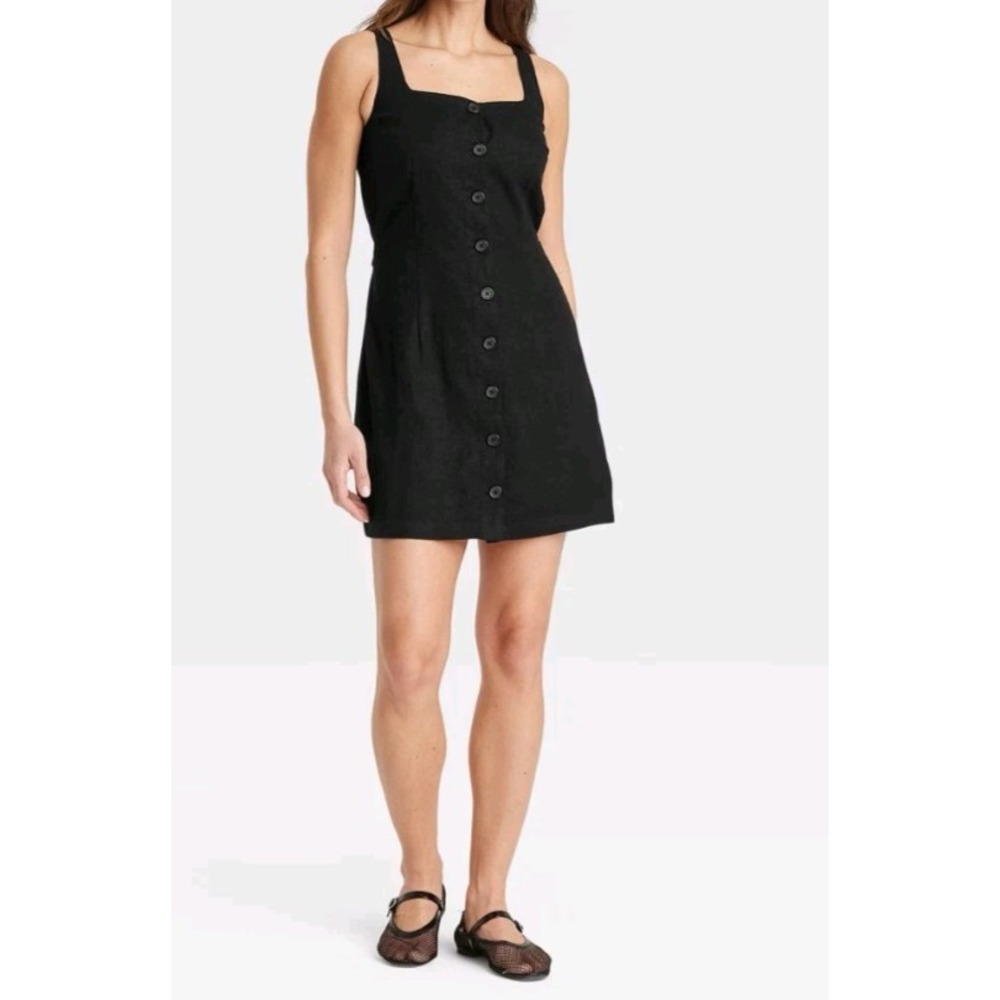 NWT~ a New Day sz XS Black Linen Mini vest Dress Button front Pockets Women